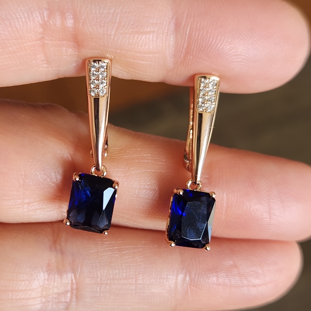 New 14K Gold Plated Emerald Cut Blue Sapphire Diamond Dangle Drop Hoop Earrings